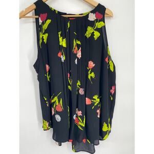 Ann Taylor Top Womens XL Black Floral Pleats Flowy Feminine Romantic Lightweight